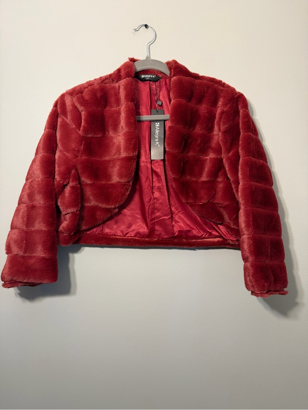 Allegra K Plush Red Faux Fur Cropped Jacket